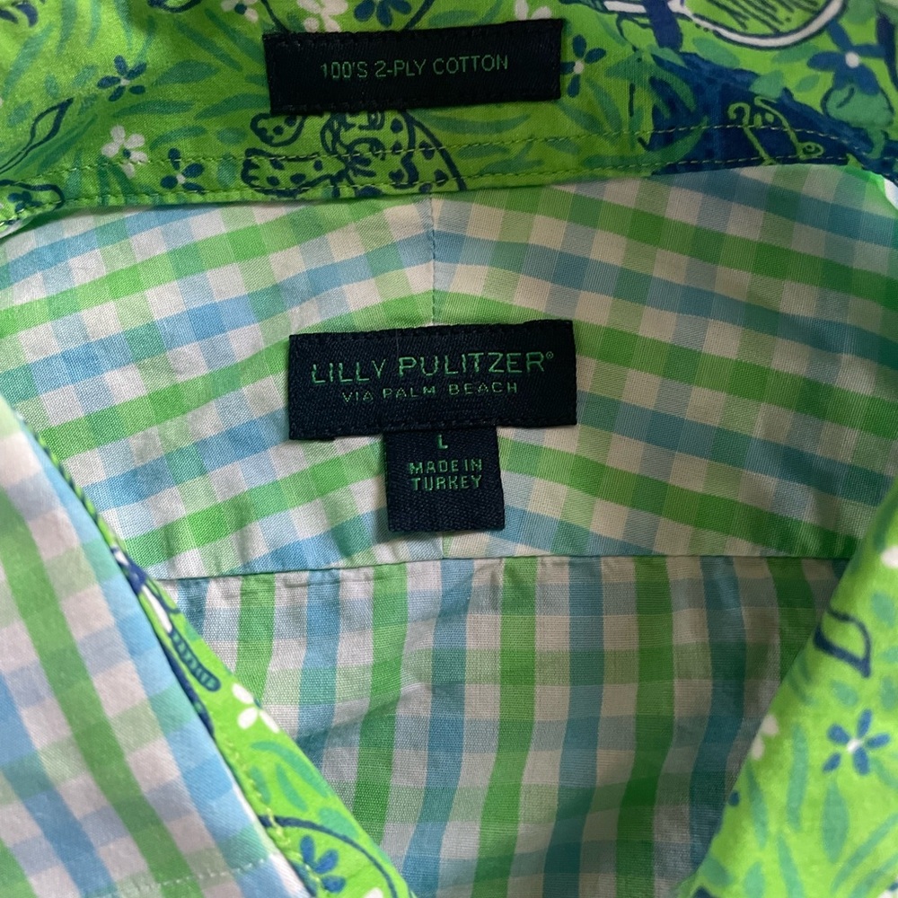 Lilly Pulitzer Green Blue & White Gingham Check Button Down Shirt Men’s L - Picture 3 of 9